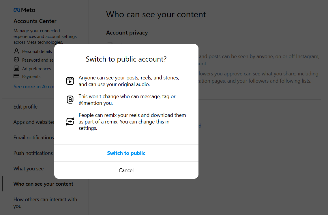 privacy setting for public account